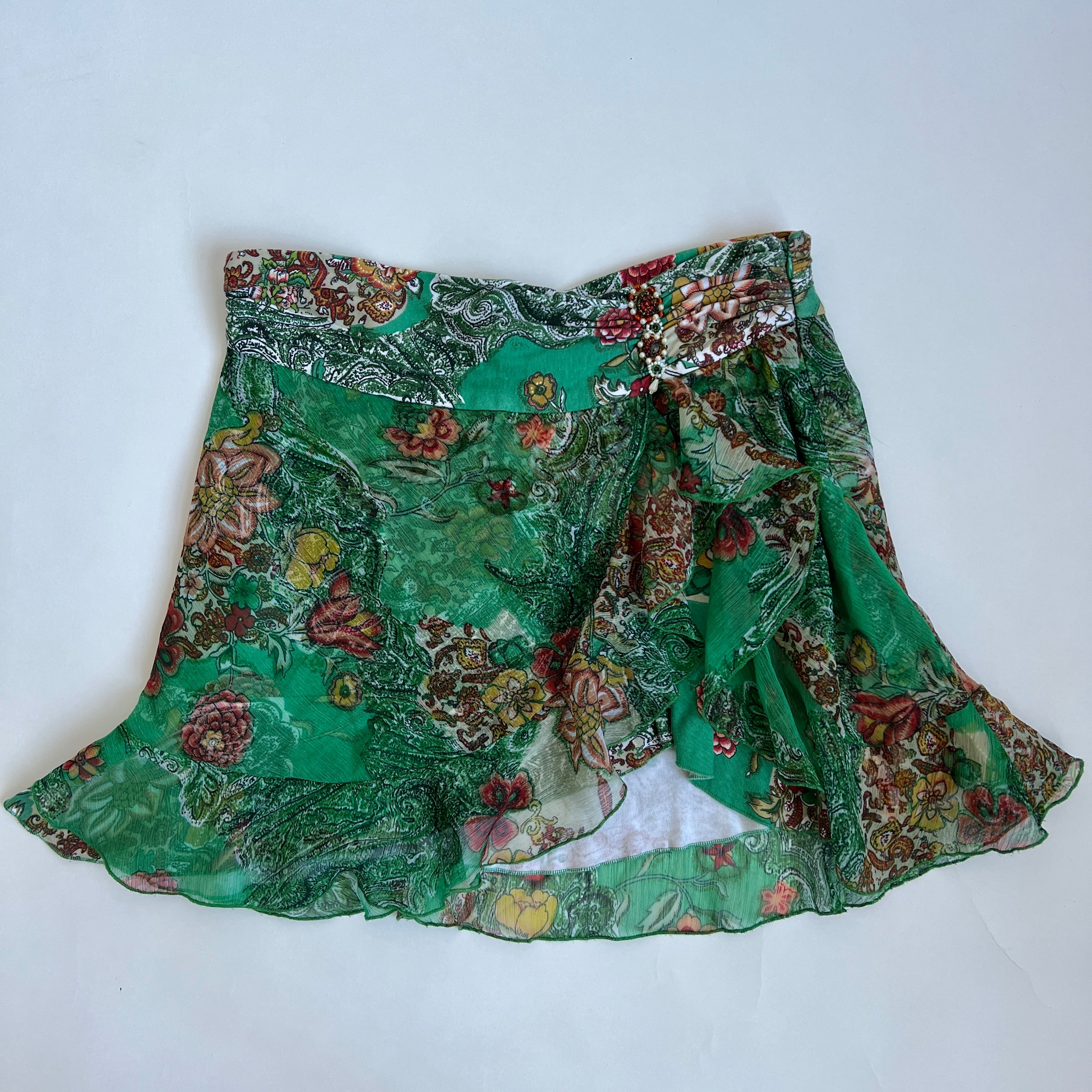 00s Green floral skirt L