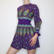 70s Purple Paisley Mini Dress (XS)