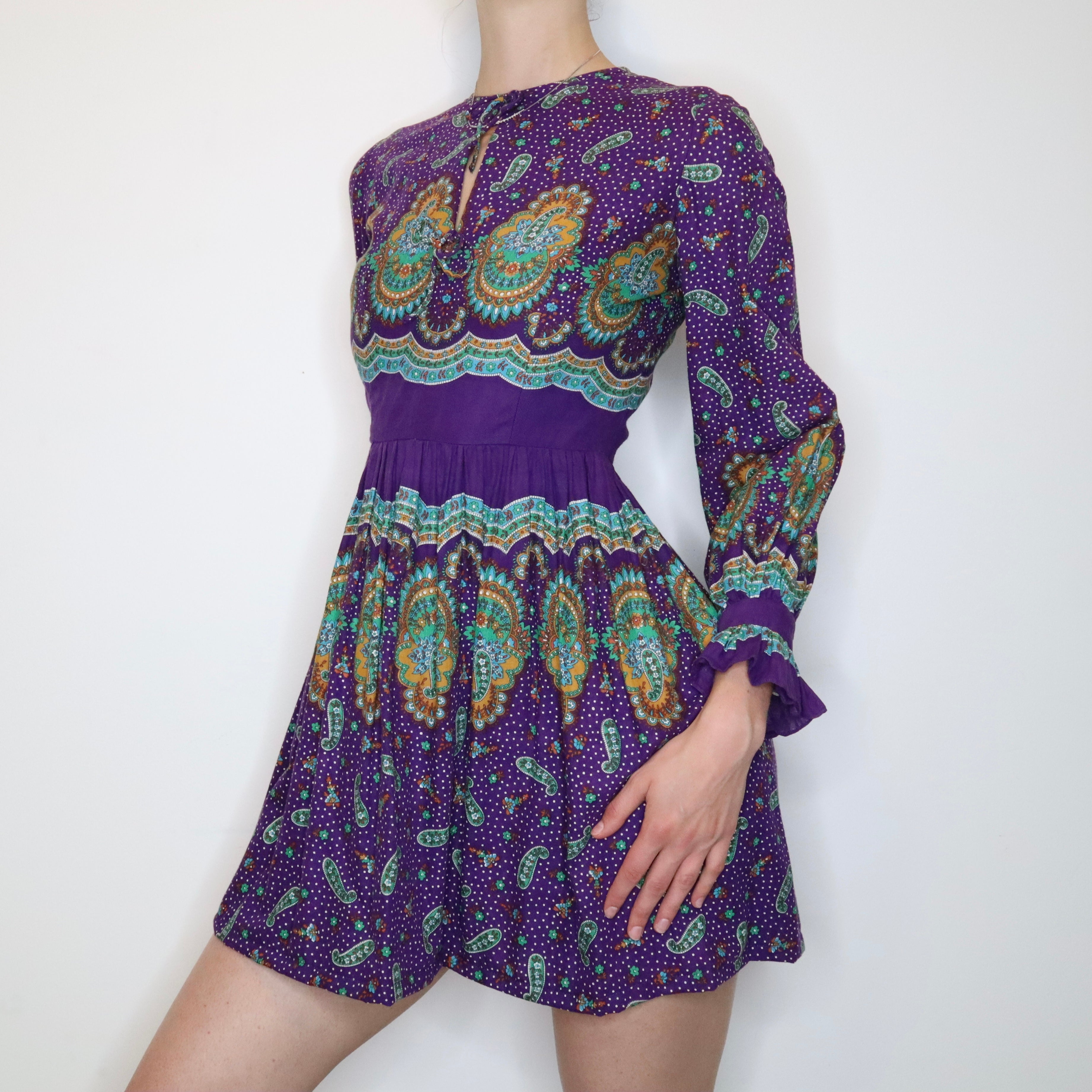 70s Purple Paisley Mini Dress (XS)