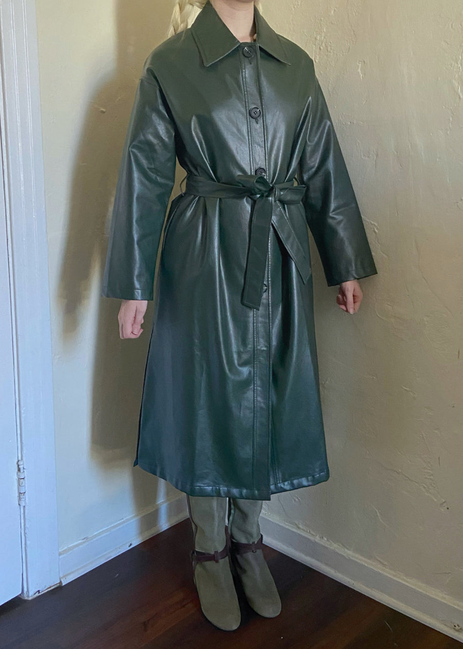 Vegan Leather Forest Green Trench Coat