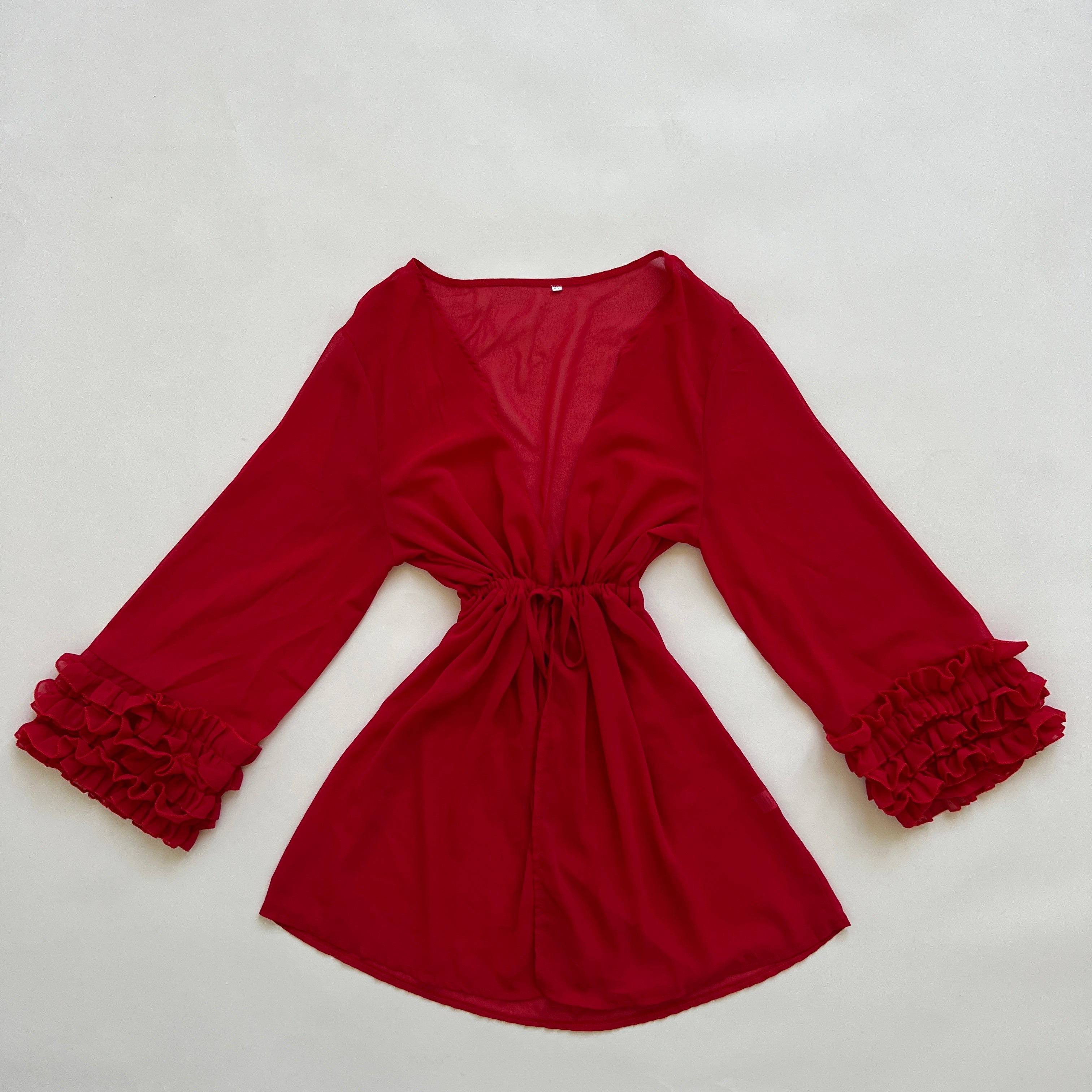 Ruffle sleeve sheer red robe