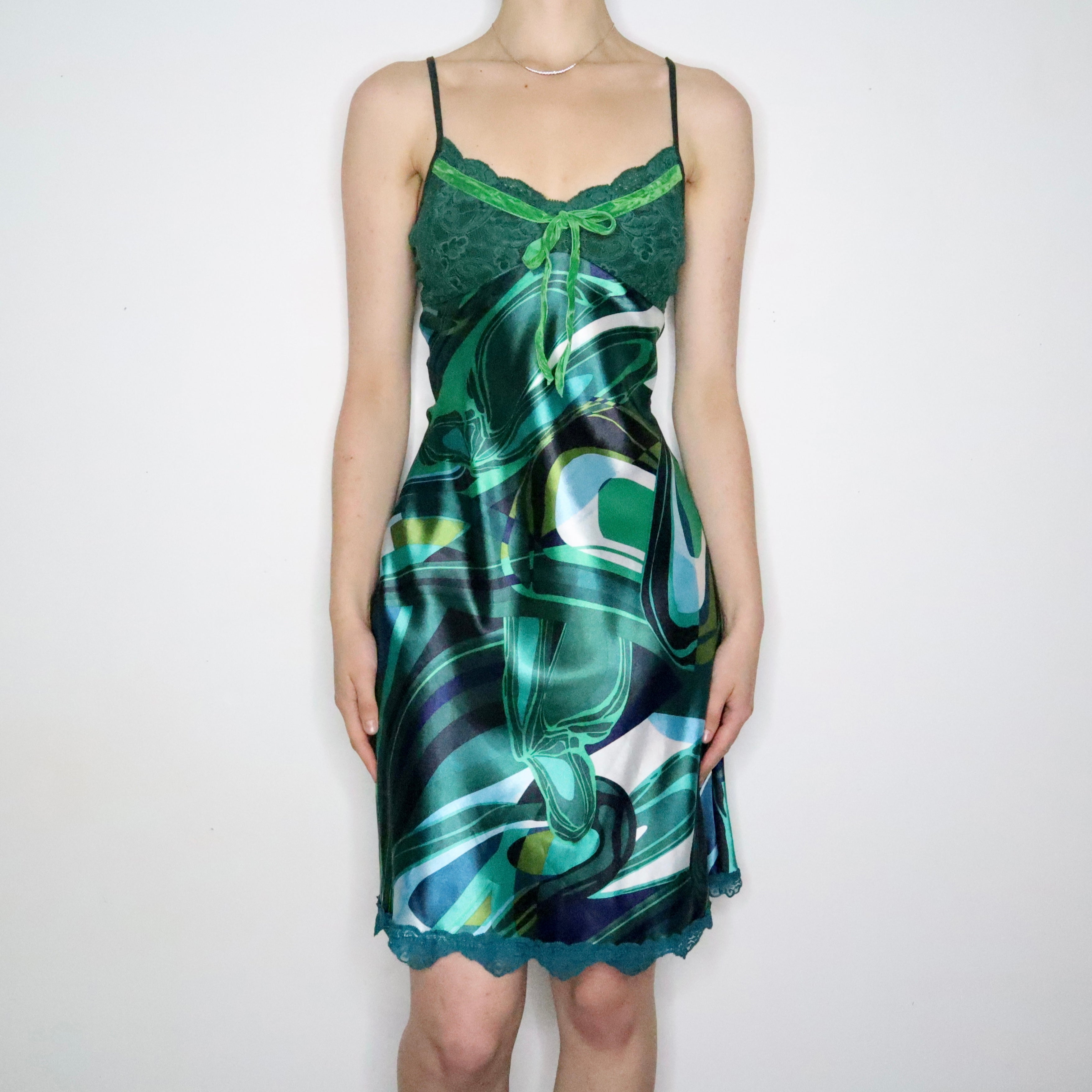 vintage green dresses for women Green Swirl Satin Dress (Small) – Holy Thrift
