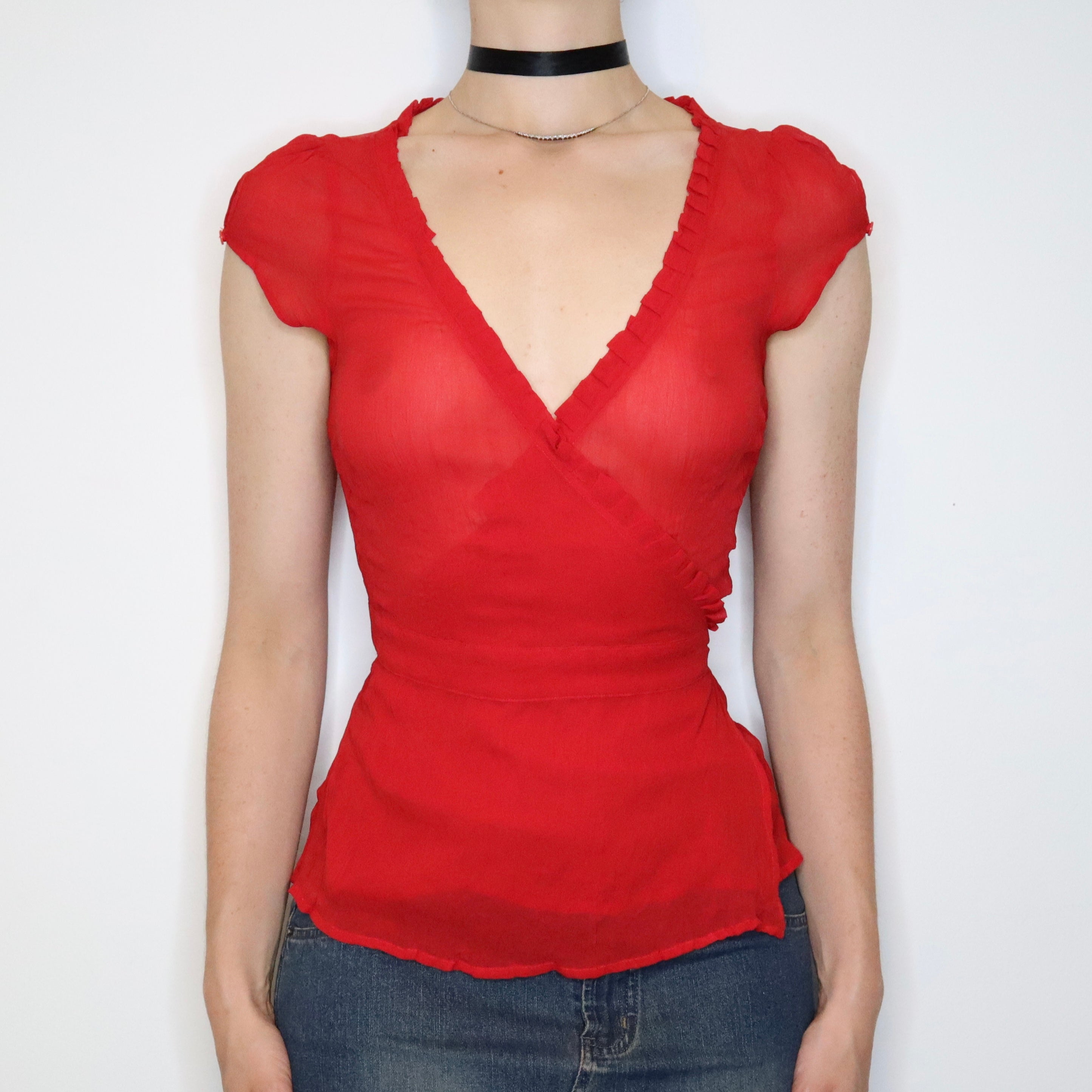 Red Silk Chiffon Blouse (S-M) 