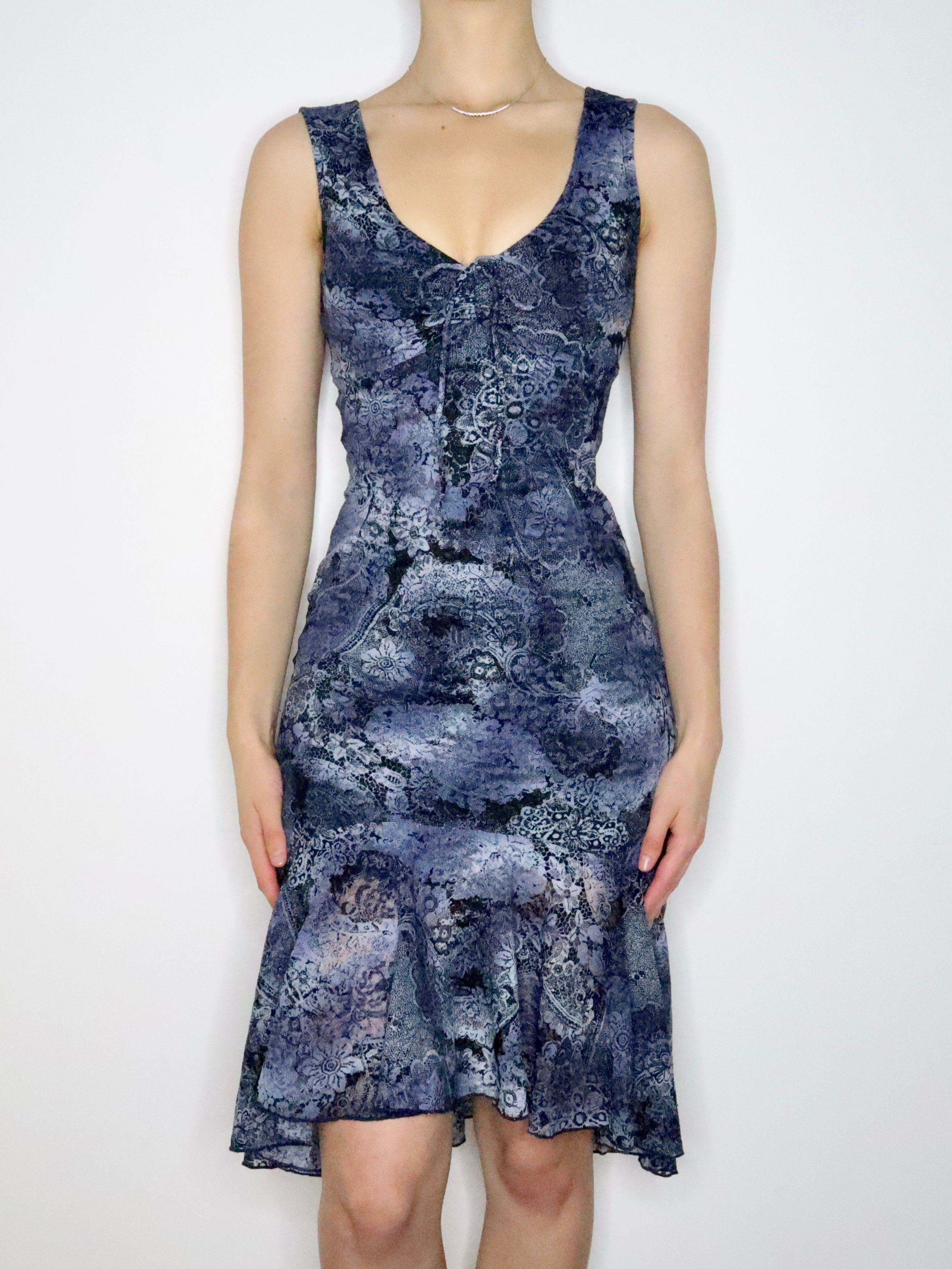 Blue Mesh Overlay Midi Dress (Small) 