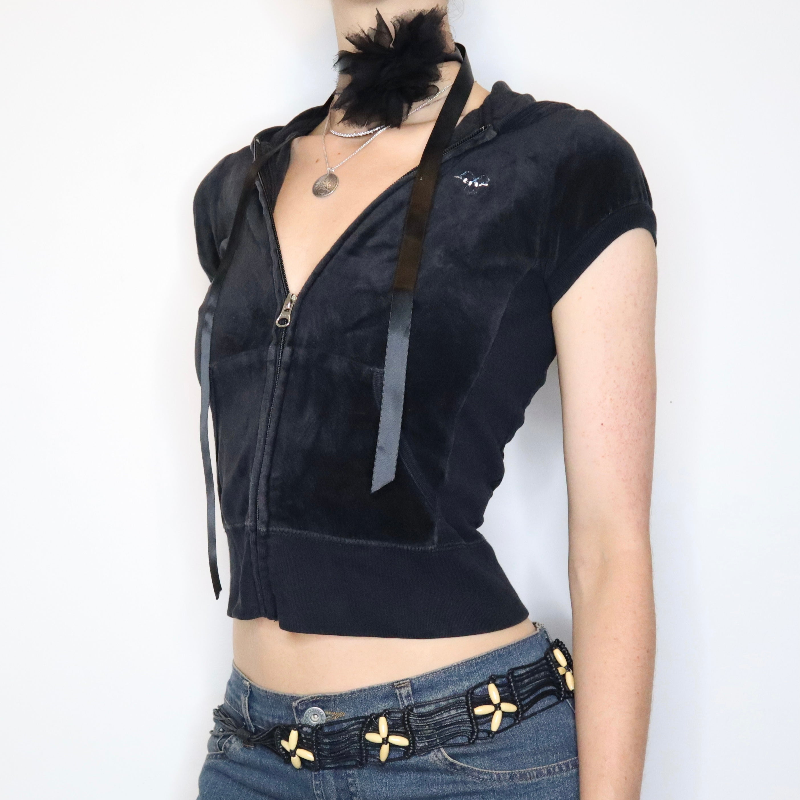 Black Velour Zip Up Hoodie (Small) 
