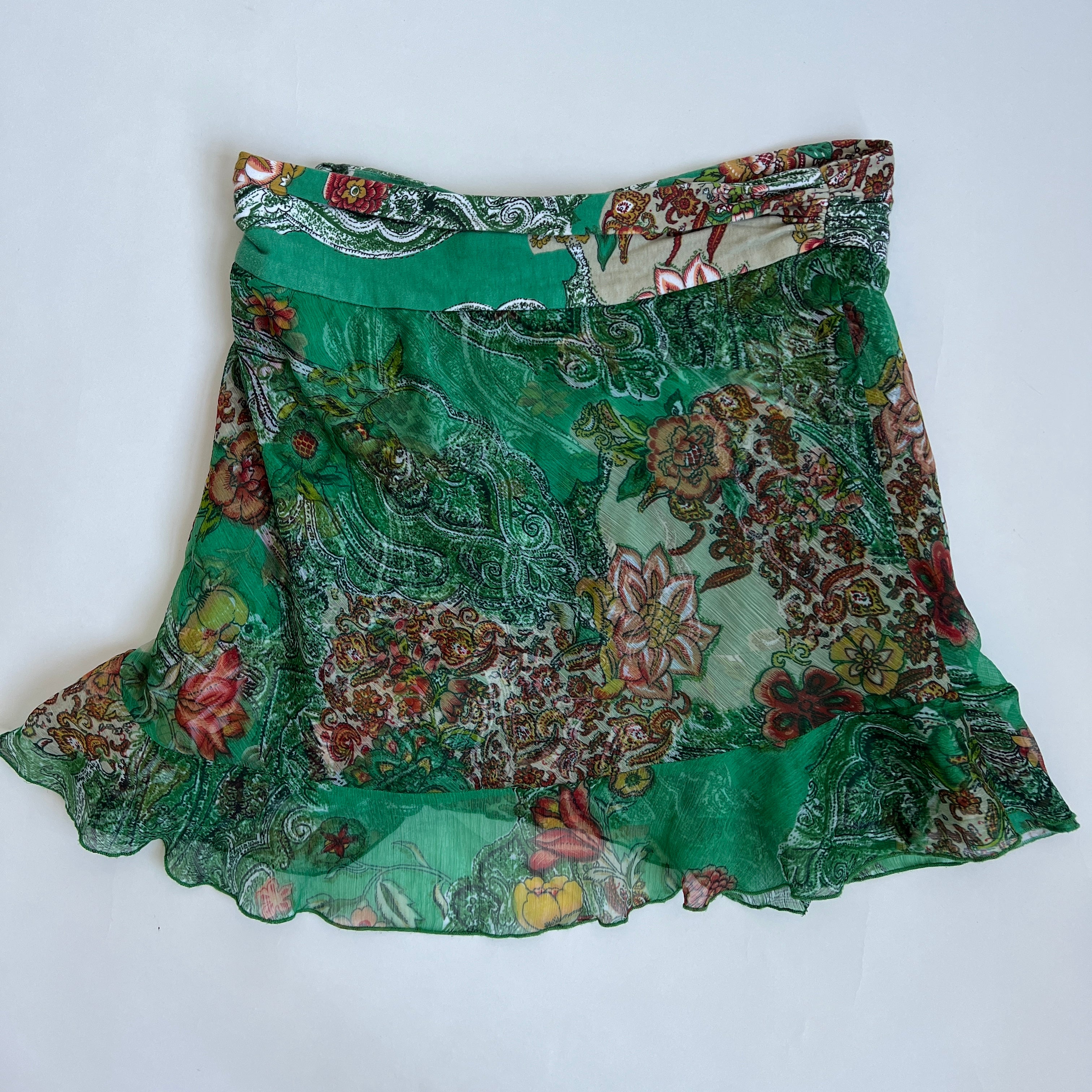 00s Green floral skirt L