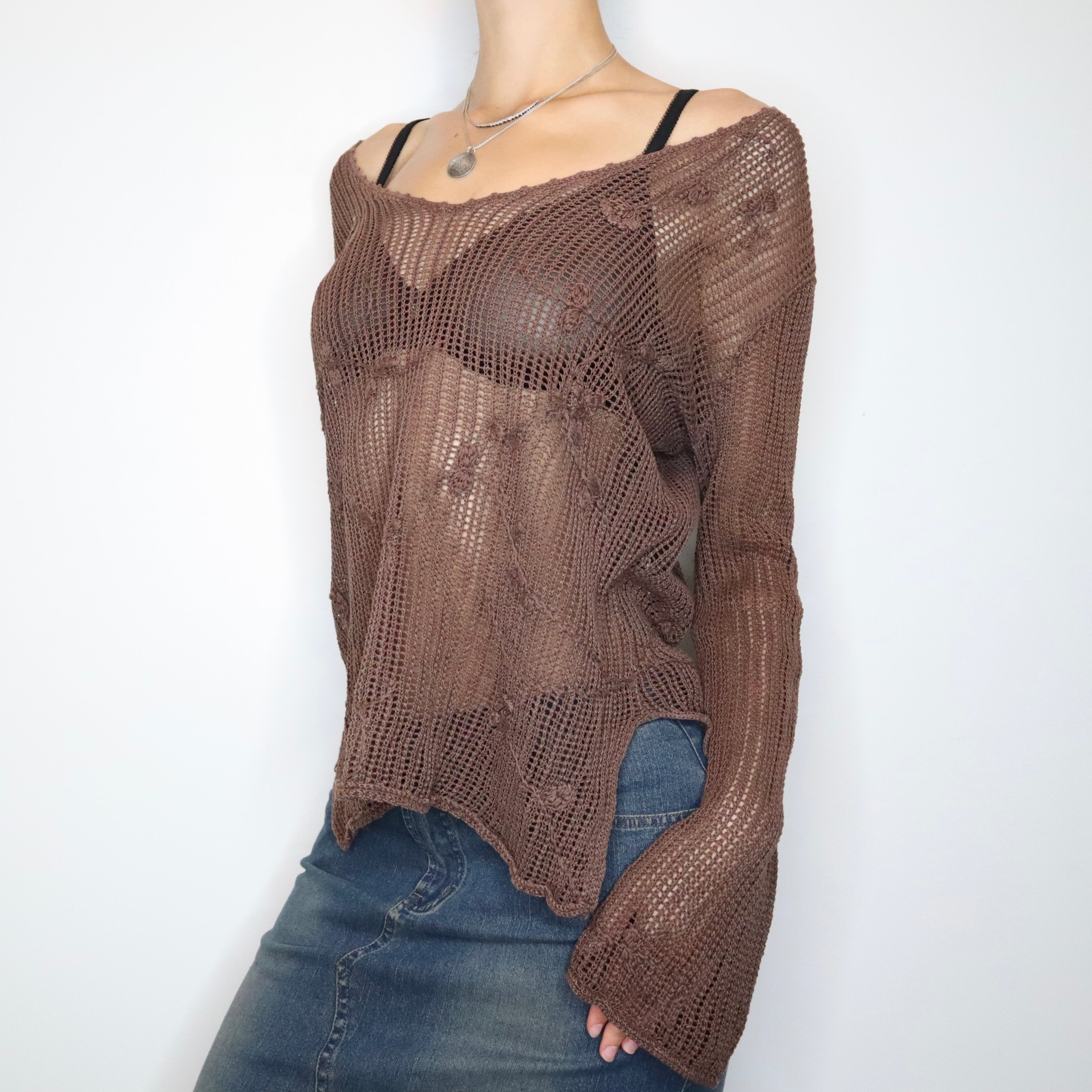 Boho Brown Crochet Sweater (L-XL) 