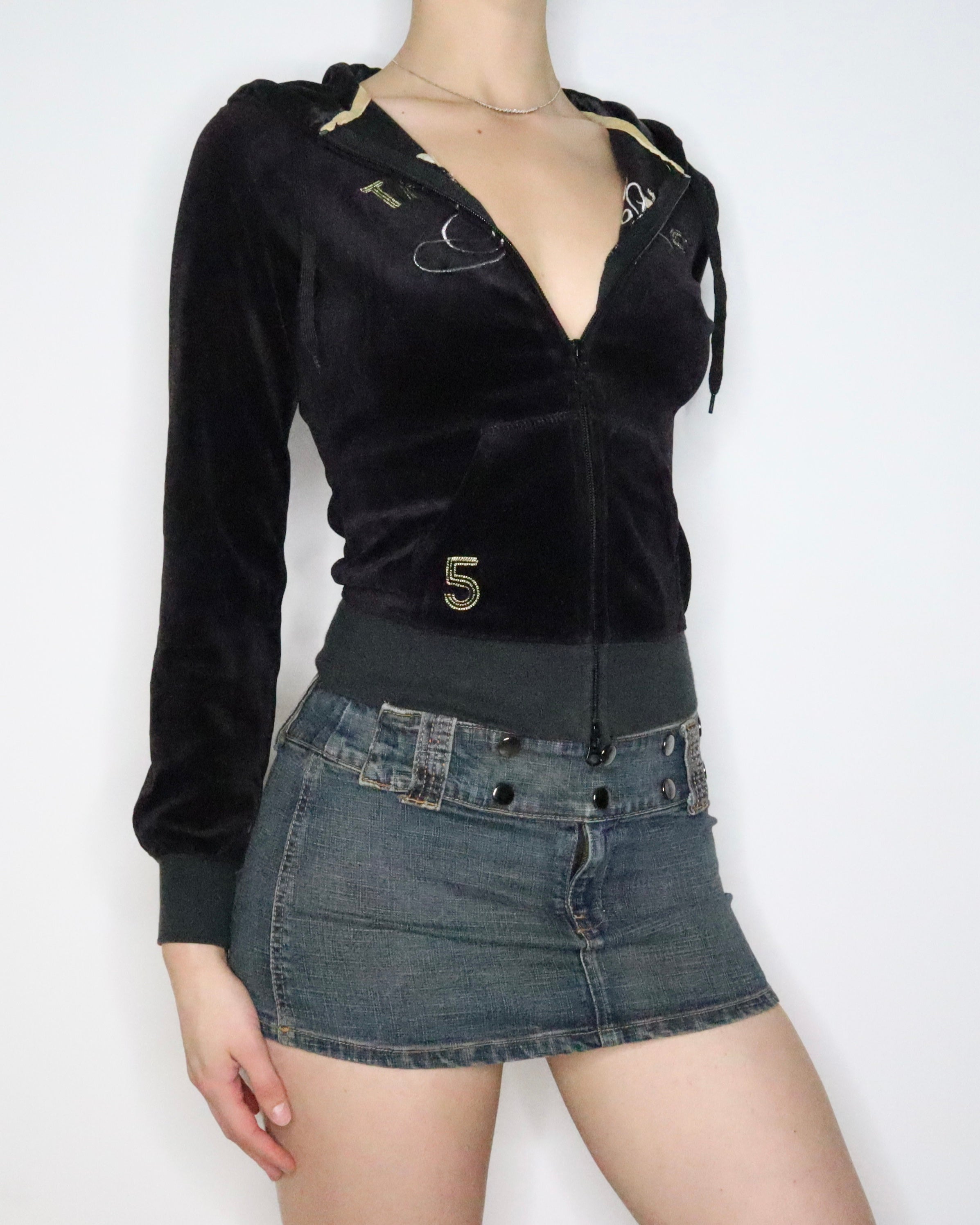 Black Velour Zip Up Hoodie (Small) 