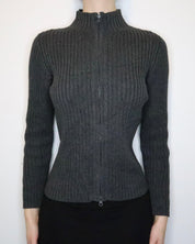 Gray Ribbed Zip Up Sweater (M-L) 