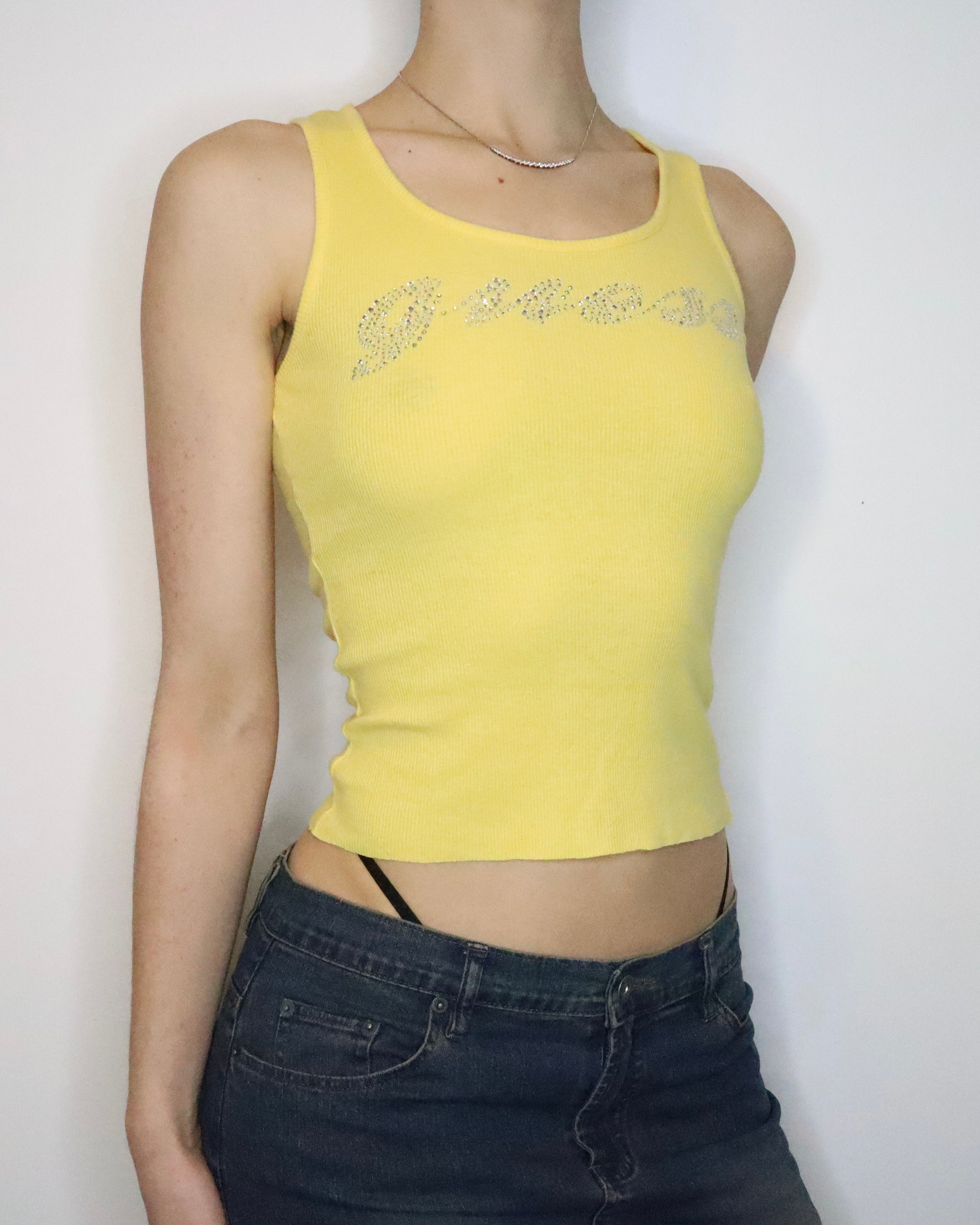 Guess Yellow Diamanté Tank Top (Small) 